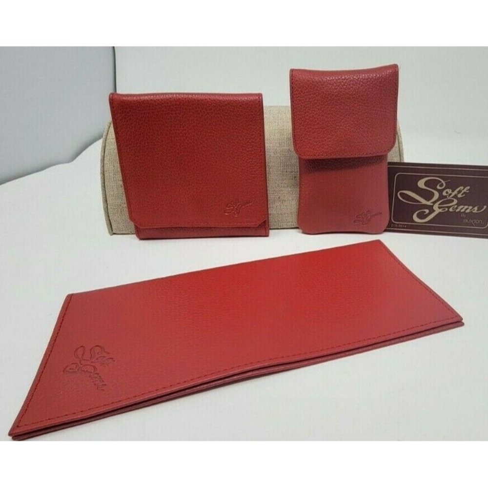 Buxton Bi Fold Wallet Key Wallet and Check Book Cover Cowhide Leather NOS Red